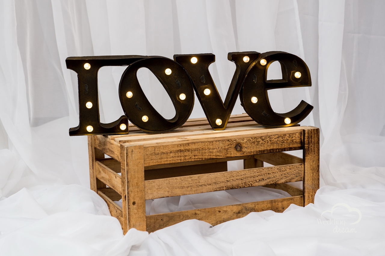 LOVE Marquee with Lights and Crate
